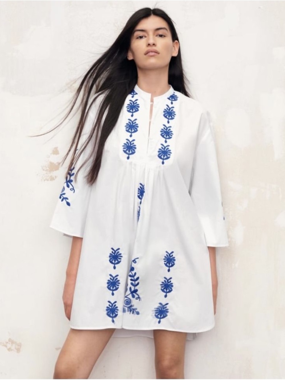 Zara White Dress with Blue Embroidery